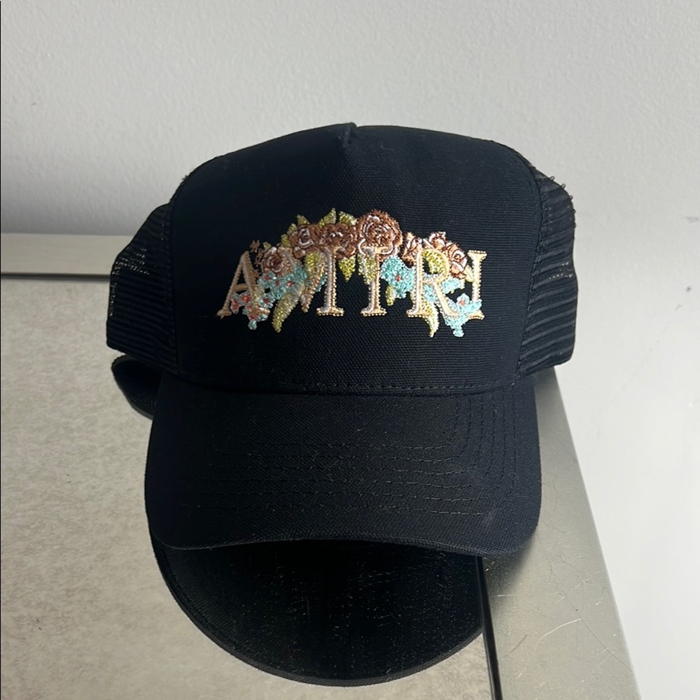 AMIRI Black Cap with Floral Design